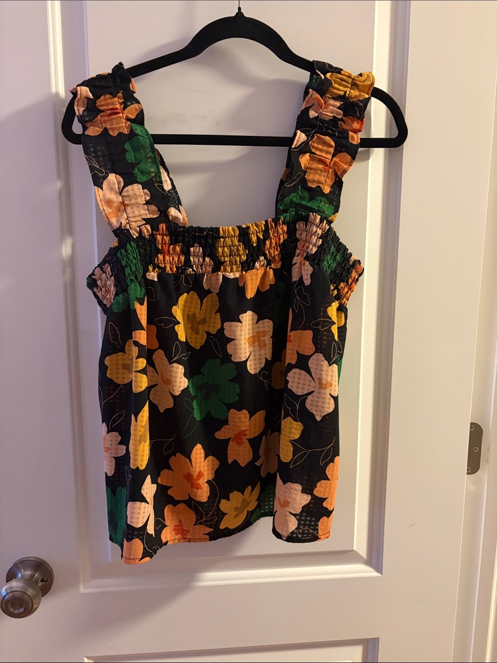 Who What Wear Black Smocked Tank Top with Yellow, Green & Peach Floral Print